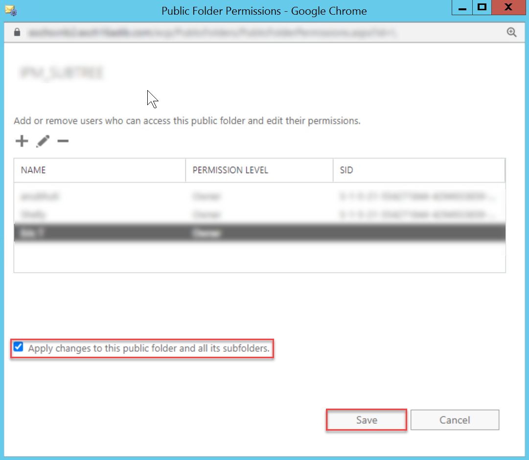 Check the Apply changes to this public folder and all its subfolders checkbox and click on Save.